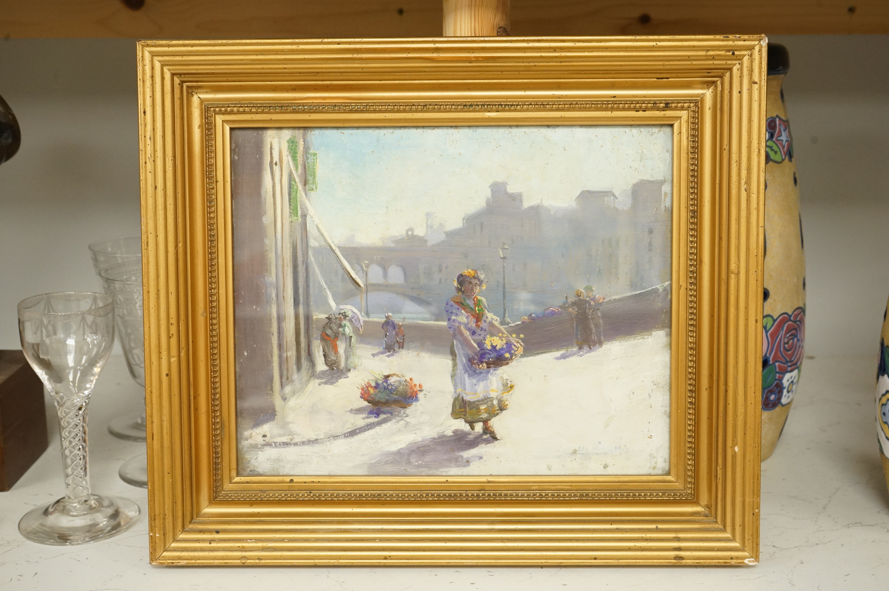 Leslie Poole-Smith (19th / 20th. C), 'Paris Flower Seller', signed, impressionist oil on board, 21 x 26cm, gilt framed